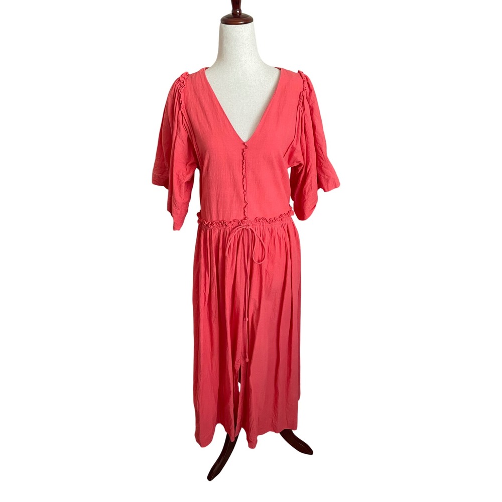 MIRTH Handmade Coral Pink 100% Cotton Caftan Maxi Dress Small Oversized Flowy